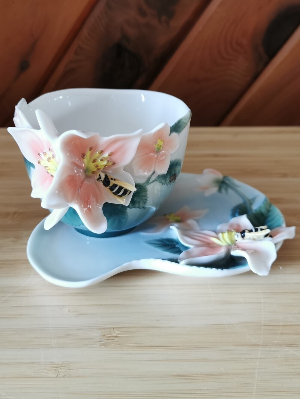 Franz Bee & Apple Blossom Cup & Saucer FZ00036 Jen Woo Hand Painted Porcelain